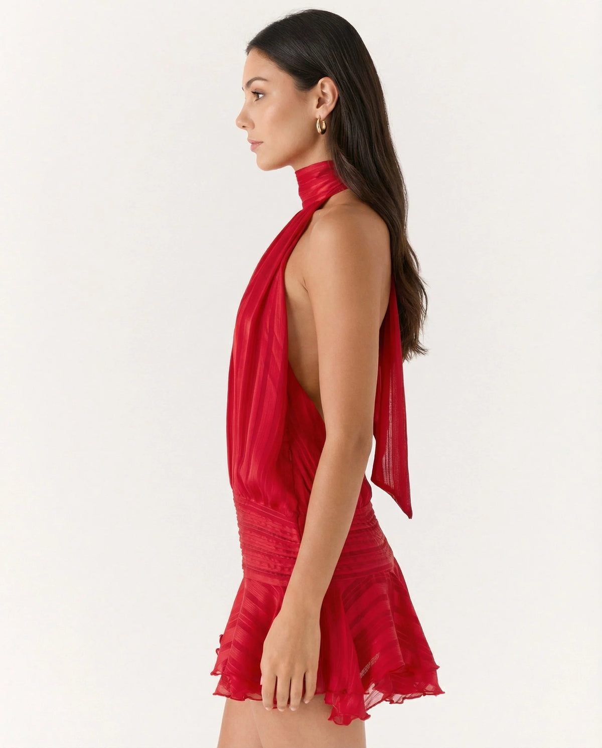 Deborah | Halter Neck Pleated Playsuit with Ruffle Overlay