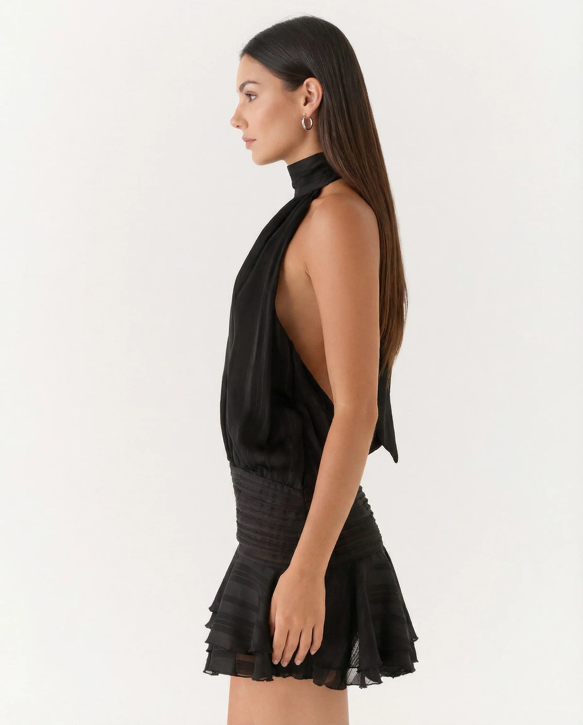 Deborah | Halter Neck Pleated Playsuit with Ruffle Overlay