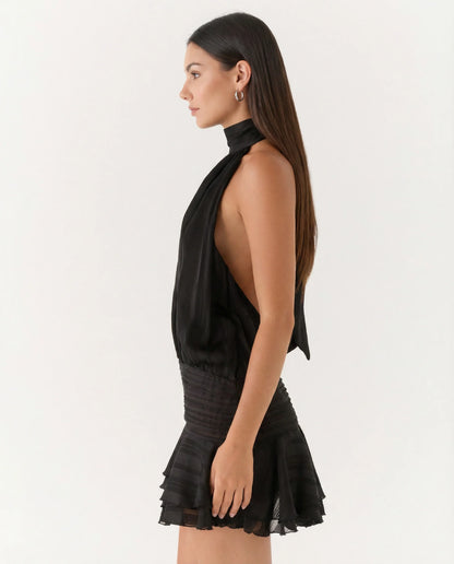 Deborah | Halter Neck Pleated Playsuit with Ruffle Overlay