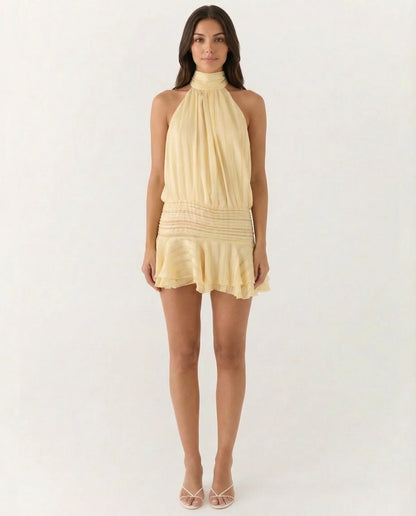 Deborah | Halter Neck Pleated Playsuit with Ruffle Overlay