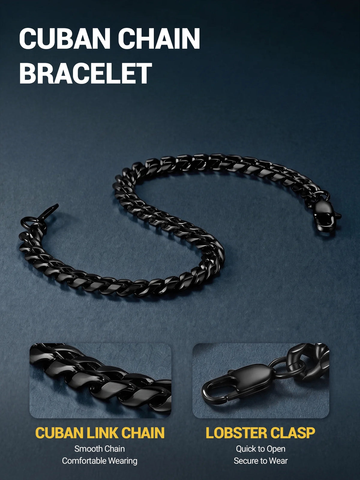 Men Chain Bracelet Black Cuban Curb Bracelet 6MM 8.3 Inch Wrist Bracelet Mens Birthday Father Day Graduation Jewelry Gifts for Him Dad Adults Age